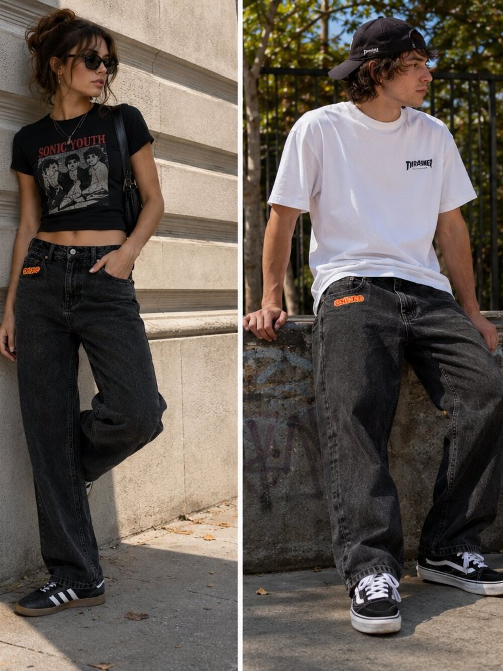 Empyre Relax Loose Fit Black Patch Skater Jeans | Size 28 (mens women unisex) - Picture 2 of 10